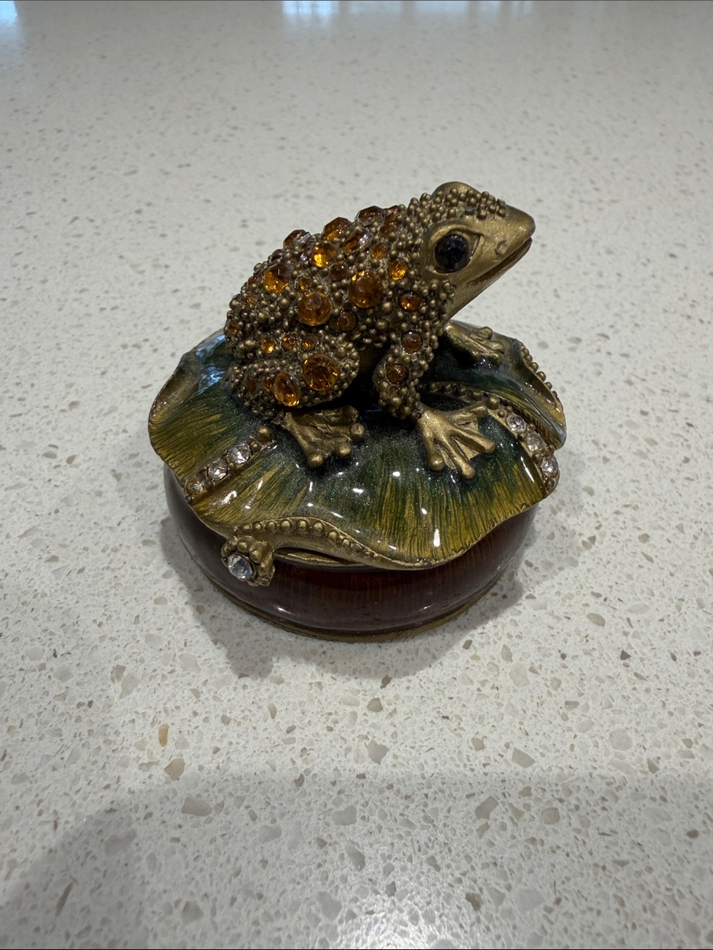 New, Decorative Bronze-Tone Jeweled Frog Trinket Box with Amber Accents